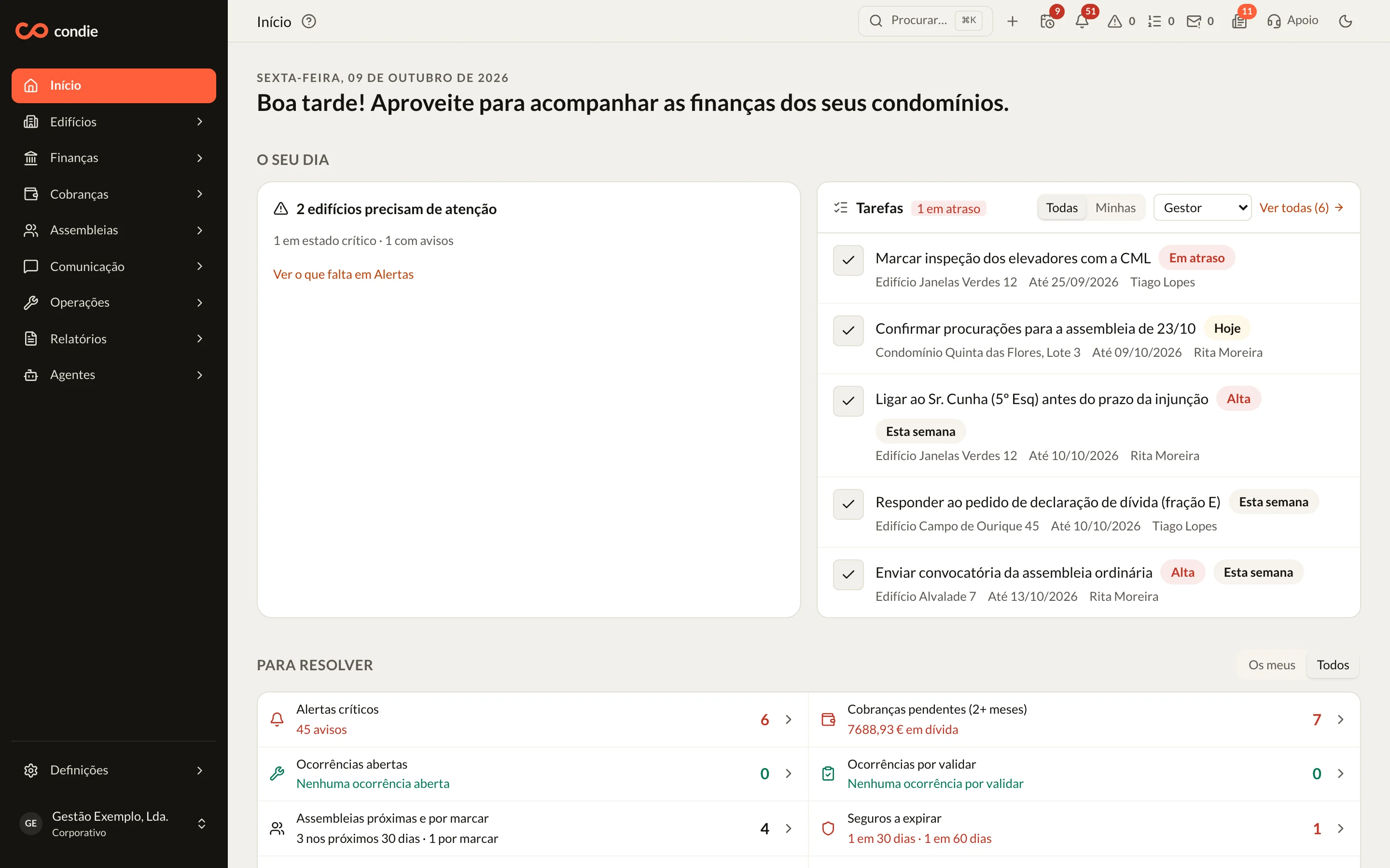 Ecrã Início com O seu dia, a caixa de Tarefas com os filtros Todas e Minhas, e a lista Para resolver da carteira.
