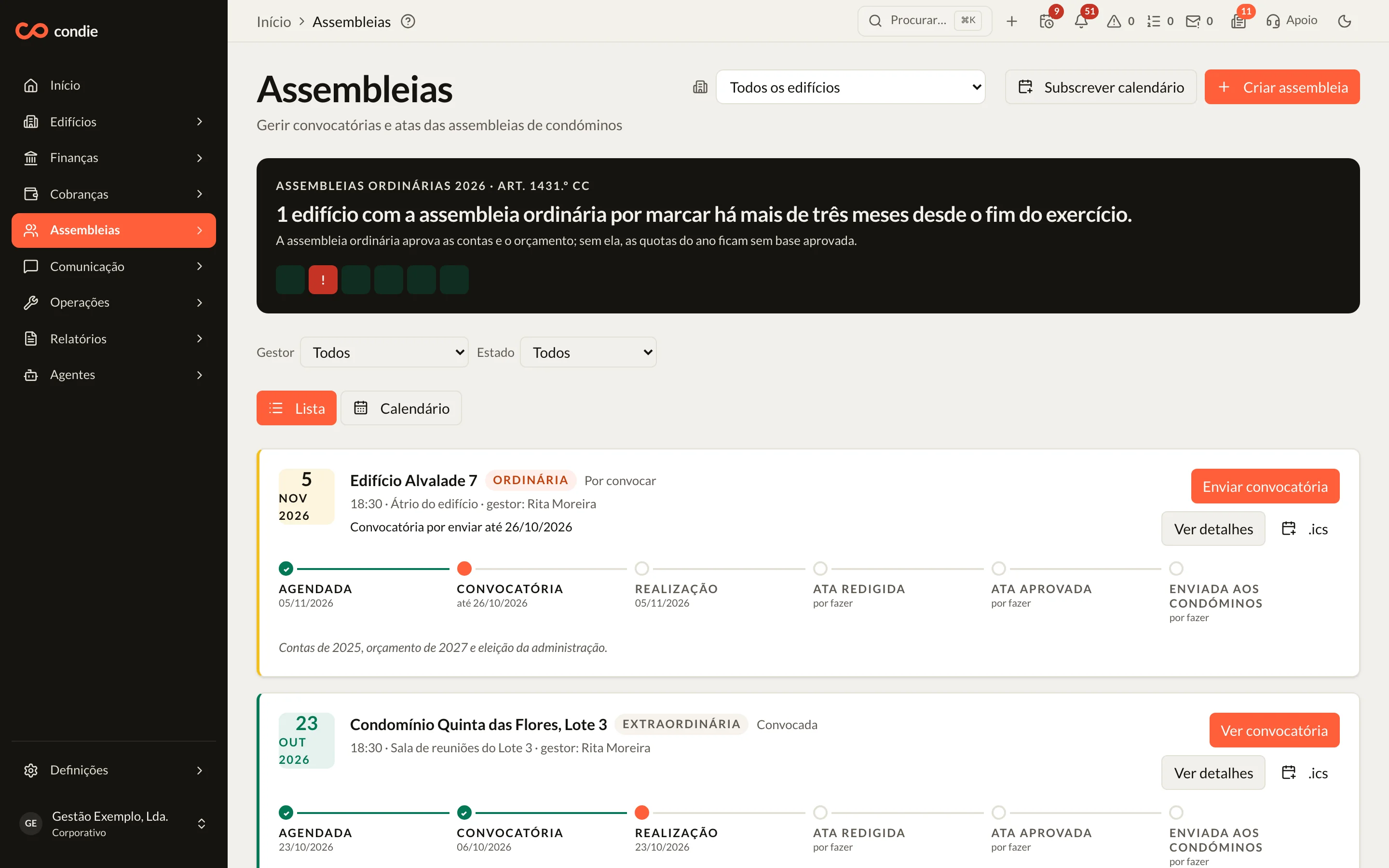 Ecrã Assembleias com cada assembleia e as suas etapas: agendada, convocatória, realização, ata redigida, ata aprovada e enviada aos condóminos.