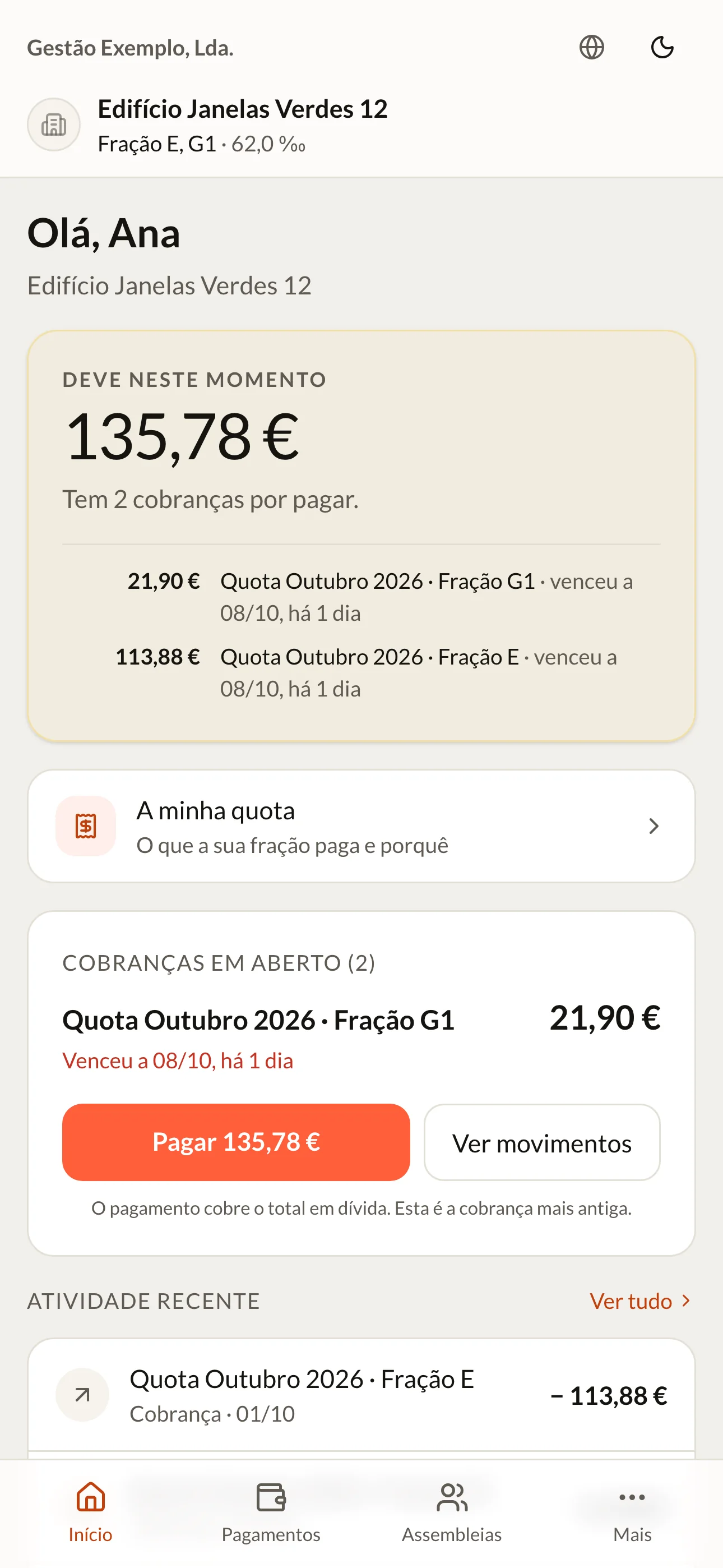 Portal do condómino no telemóvel: valor em dívida, cobranças em aberto e atividade recente.