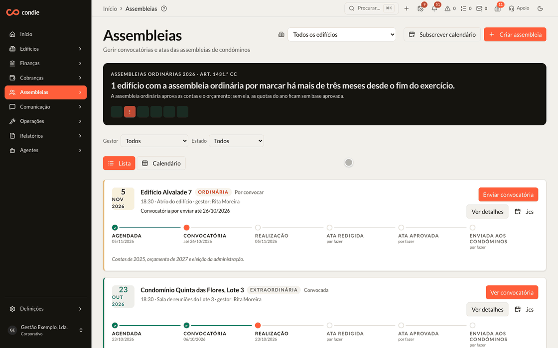 Animação: o gestor abre uma assembleia extraordinária, abre a pré-visualização do PDF da convocatória, percorre o documento e fecha.