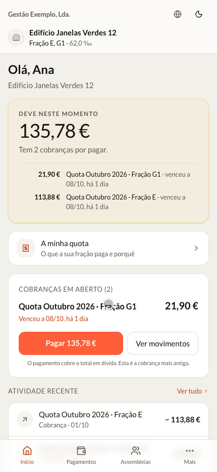 Animação no telemóvel: o portal do condómino no Início, depois Pagamentos e Assembleias.