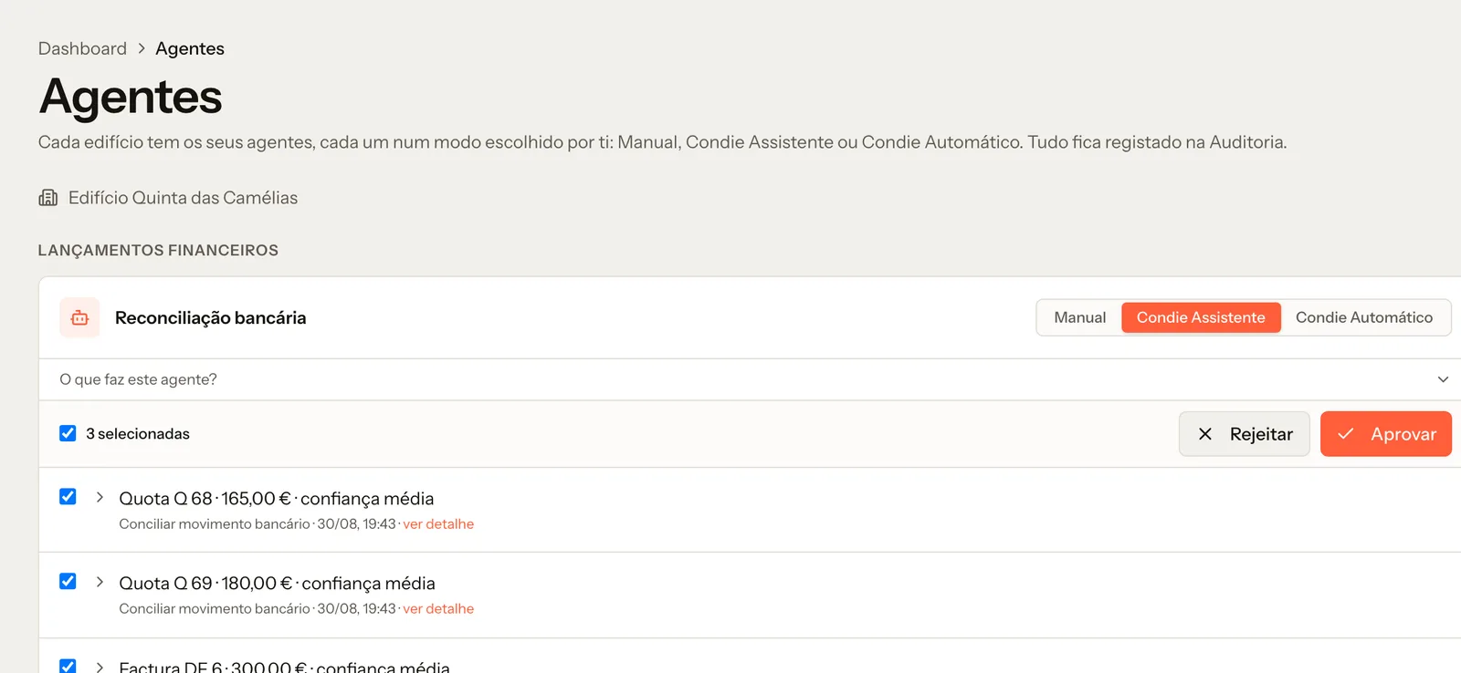 Vista de reconciliação no momento da aprovação, com propostas da IA por quota e fração e os modos Manual, Condie Assistente e Condie Automático visíveis