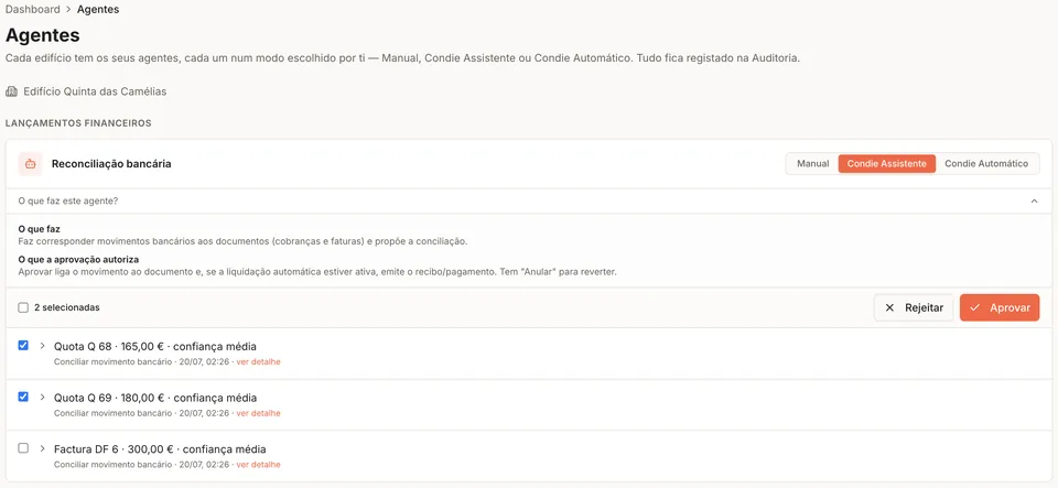 Vista de reconciliação no momento da aprovação, com os modos Manual, Condie Assistente e Condie Automático visíveis